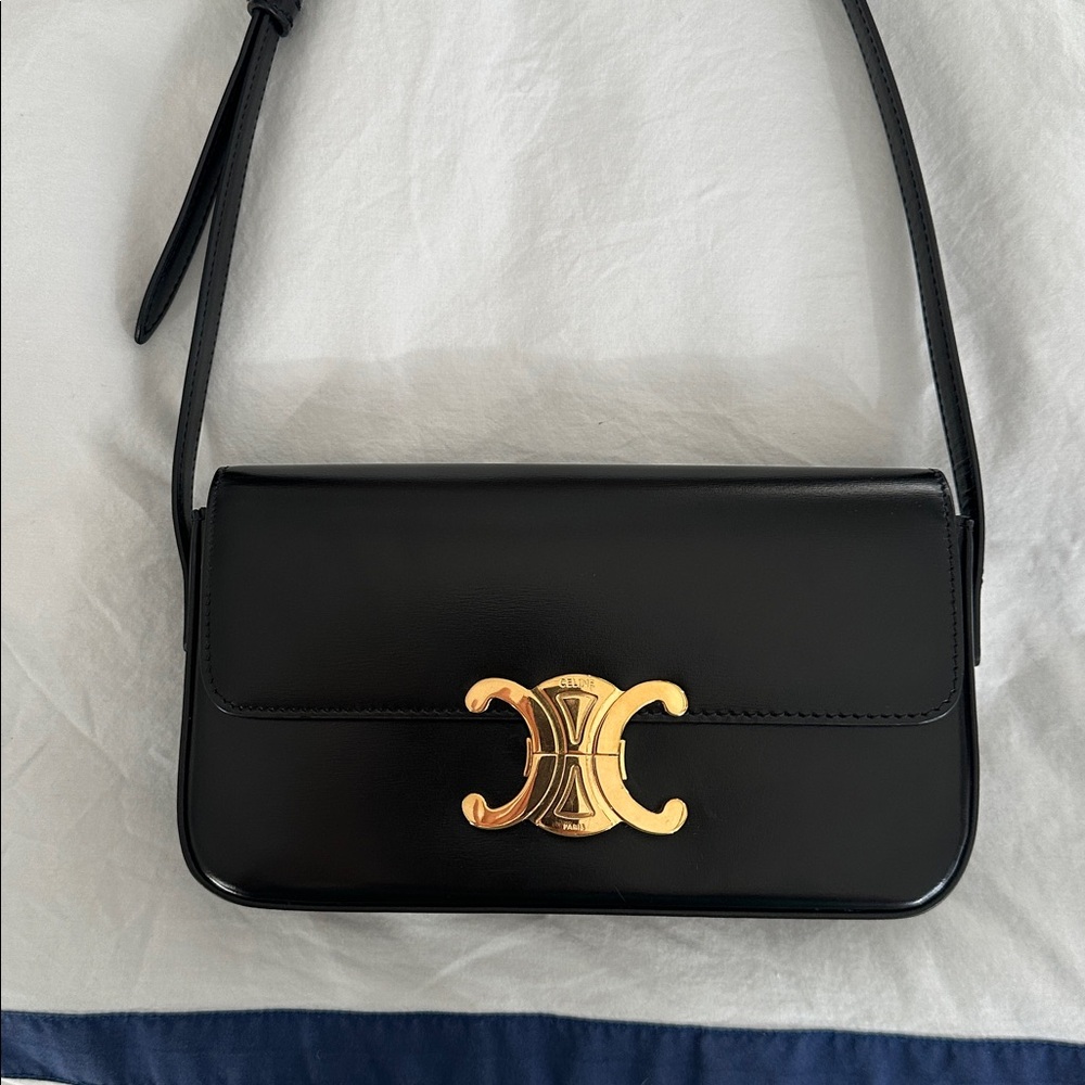 Shiny Calfskin Triomphe Shoulder Bag Black